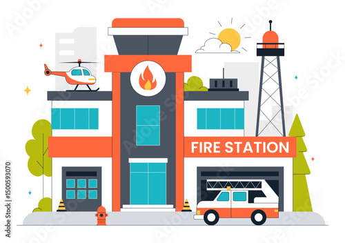 Fire Station Building Vector Illustration Featuring a Department and Fire Engine Car with Firefighters in a Flat Style Cartoon Background