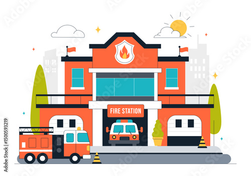 Fire Station Building Vector Illustration Featuring a Department and Fire Engine Car with Firefighters in a Flat Style Cartoon Background