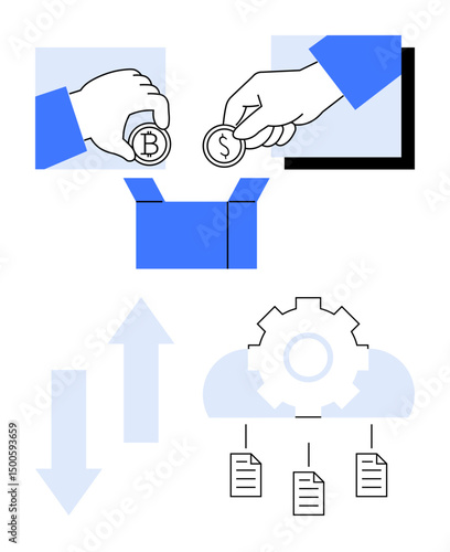 Hands holding cryptocurrency and fiat coins over a box, arrows, cloud, gear, and file icons represent financial technology, digital transactions, blockchain, data exchange, file sharing innovation