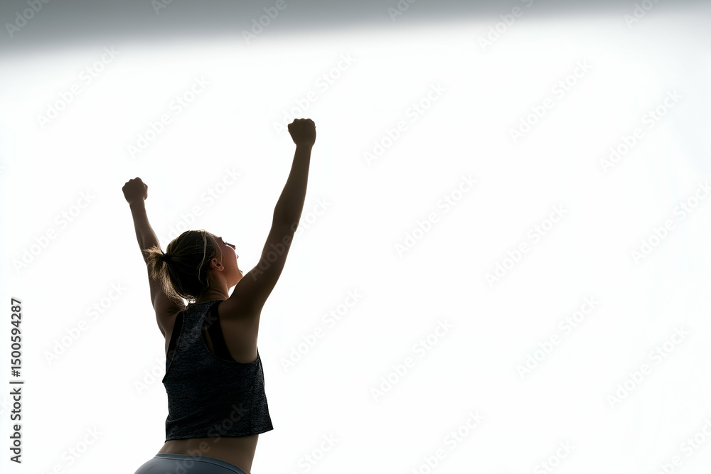 Obraz premium Woman Raising Arms in Celebration or Success on Bright Background, Fitness and Running Concept, free space for text