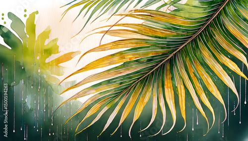 Large palm leaves in green and gold hues arch across a soft, abstract background with artistic raindrop accents