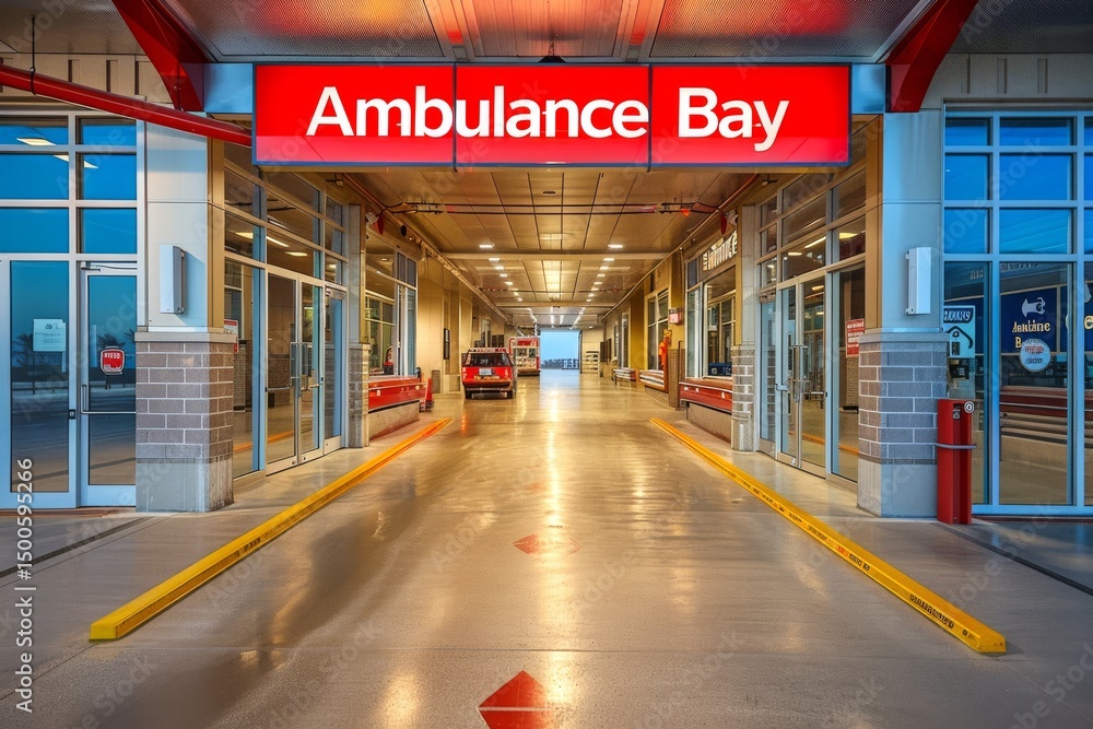 Naklejka premium Hospital Emergency Room Entrance Ambulance Bay with Cars Delivering People to the Medical Center