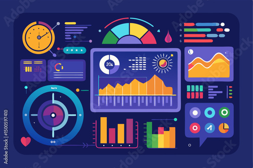 Business person interacting with a futuristic digital marketing interface, showcasing online advertising analytics, data charts, email marketing, and campaign performance metrics on a virtual screen. 