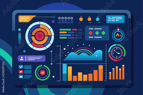 Business person interacting with a futuristic digital marketing interface, showcasing online advertising analytics, data charts, email marketing, and campaign performance metrics on a virtual screen. 