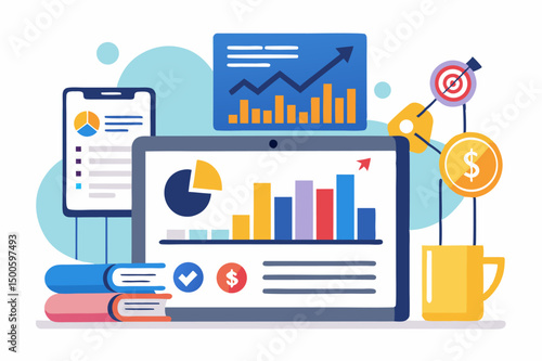 Business person interacting with a futuristic digital marketing interface, showcasing online advertising analytics, data charts, email marketing, and campaign performance metrics on a virtual screen. 