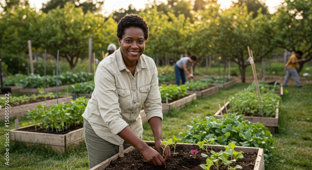 Fototapeta premium Photo Of Smiling Woman Gardening With Green Plants And Sunlight