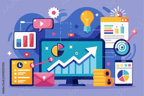 Business person interacting with a futuristic digital marketing interface, showcasing online advertising analytics, data charts, email marketing, and campaign performance metrics on a virtual screen. 