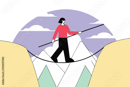 Woman tightrope walking over a mountain chasm, representing balance, risk, challenge, determination, and overcoming obstacles, flat vector illustration.

