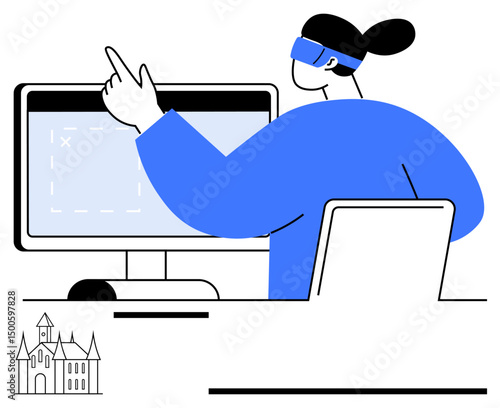 Person wearing augmented reality headset, interacting with virtual elements on screen, pointing at 3D design. Ideal for innovation, creativity, technology, architecture, AR science education. Flat