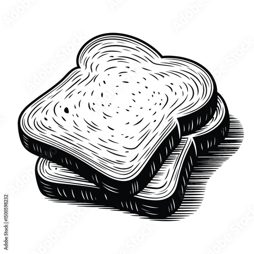 Monochrome Illustration of Stacked Bread Slices with Woodcut Style Shading
