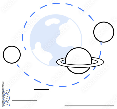 Earth, Saturn with ring, planets, dashed orbit lines, and DNA strand suggest connections between science, biology, and space. Ideal for research, exploration innovation biology astronomy