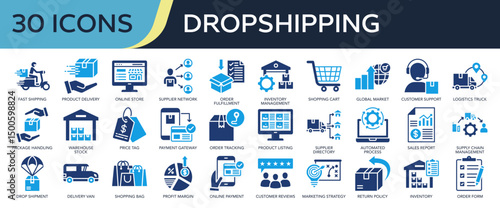 Collection of Dropshipping icons, related to product delivery, shipping, inventory management, sales report, supply chain management and more. Solid icons vector illustation.
