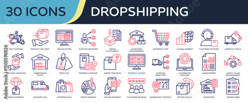 Collection of Dropshipping icons, related to product delivery, shipping, inventory management, sales report, supply chain management and more. Outline color icons vector illustation.