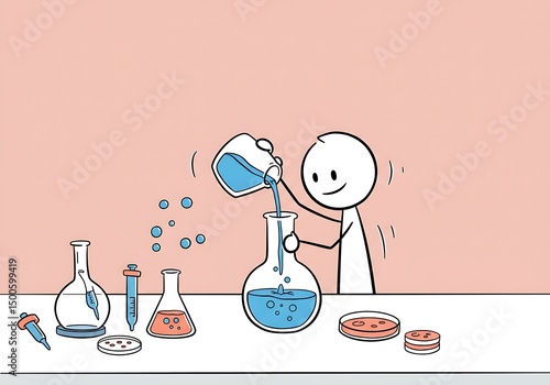 Stick Figure Scientist Pouring Liquid into Flask in Lab