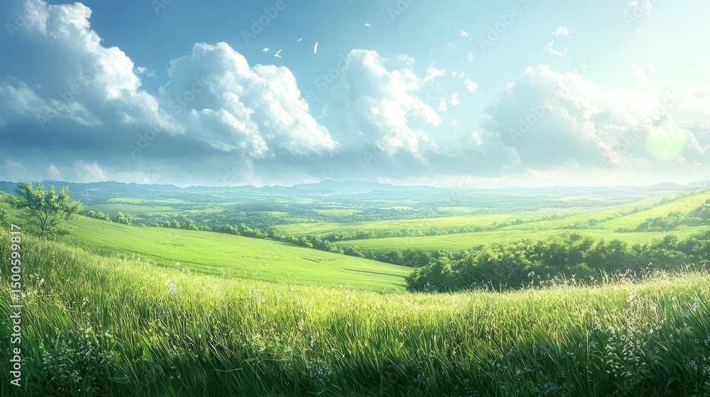 Obraz premium Serene rolling hills and expansive sky offer a tranquil view of countryside