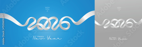 New Year 2026 with beautiful white ribbon writing on blue and grey background. Luxury design concept to 2026 New Year celebration
