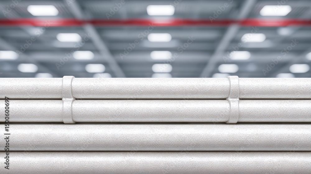 Fototapeta premium Industrial Conveyor System White Pipes Metal Clamps Factory Ceiling
