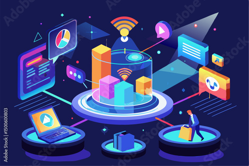 Business person interacting with a futuristic digital marketing interface, showcasing online advertising analytics, data charts, email marketing, and campaign performance metrics on a virtual screen. 