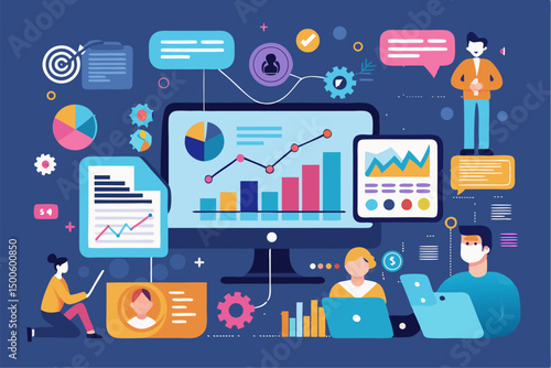 Business person interacting with a futuristic digital marketing interface, showcasing online advertising analytics, data charts, email marketing, and campaign performance metrics on a virtual screen. 