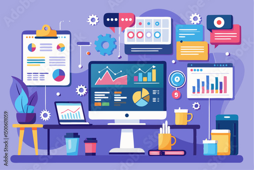 Business person interacting with a futuristic digital marketing interface, showcasing online advertising analytics, data charts, email marketing, and campaign performance metrics on a virtual screen. 