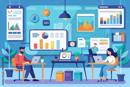 Business person interacting with a futuristic digital marketing interface, showcasing online advertising analytics, data charts, email marketing, and campaign performance metrics on a virtual screen. 