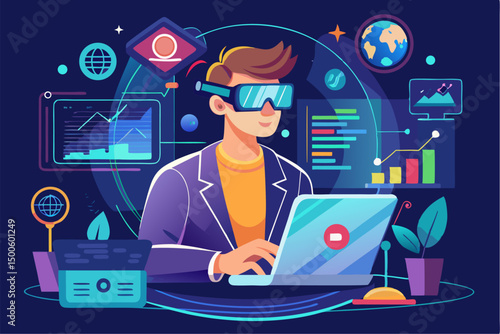 Business person interacting with a futuristic digital marketing interface, showcasing online advertising analytics, data charts, email marketing, and campaign performance metrics on a virtual screen. 