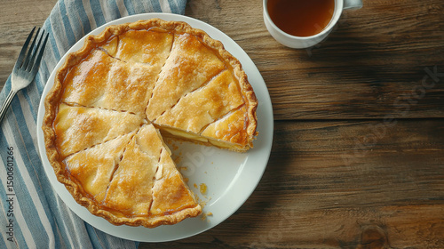 Delicious freshly baked pie on wooden table with slice removed, fork beside plate and cup of tea in background, rustic kitchen setting with blue striped towel