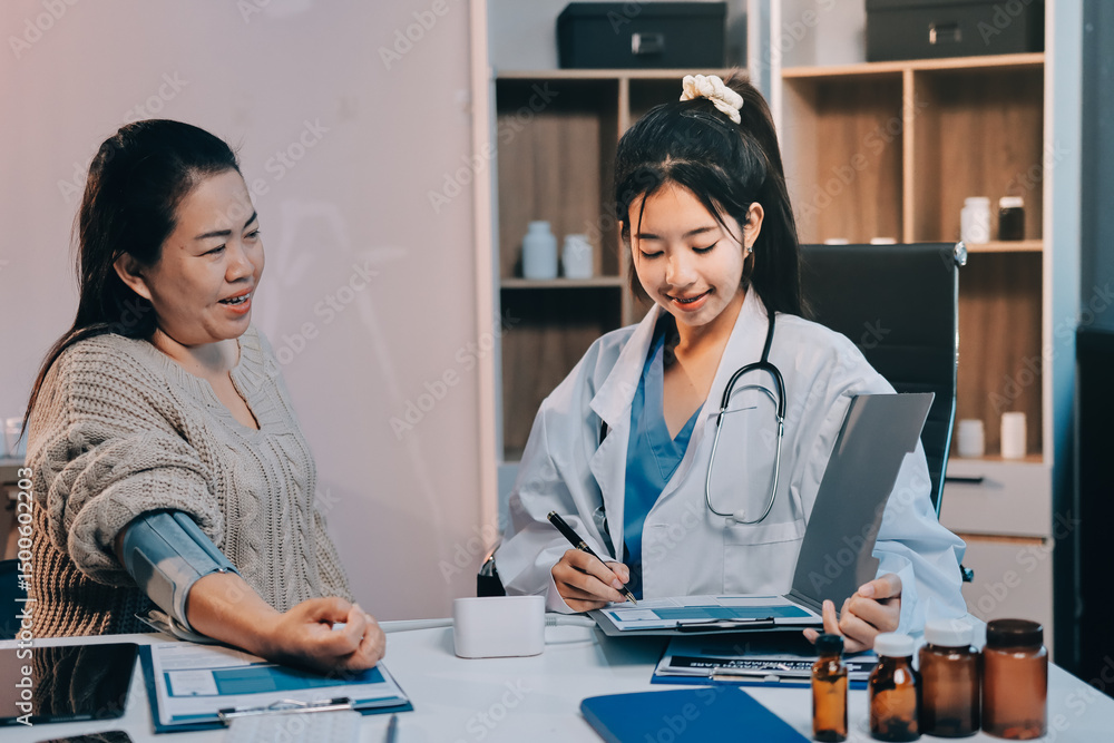 Fototapeta premium Doctor using sphygmomanometer with stethoscope checking blood pressure to a patient in the hospital.