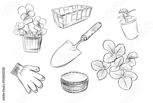 Gardening tools flowers gloves shovel composition vector