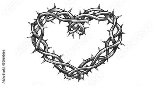 Heart Shaped Crown of Thorns Illustration on White Background