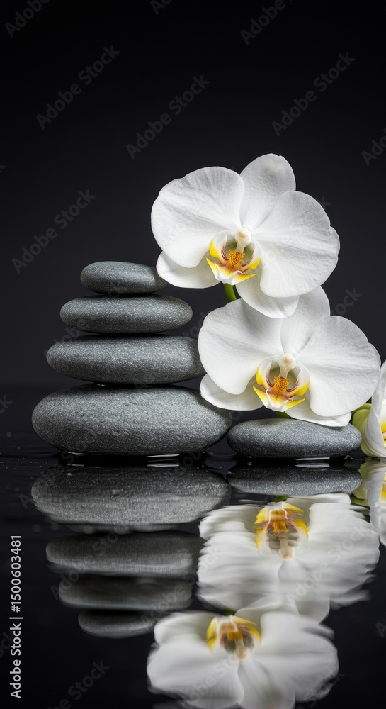 Fototapeta premium Photo of White Orchids and Stacked Zen Stones with Water Reflection on Black Background
