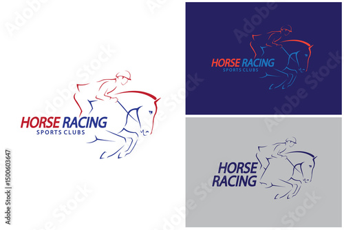 Horse racing logo with jockey simple line art style logo design vector template illustration