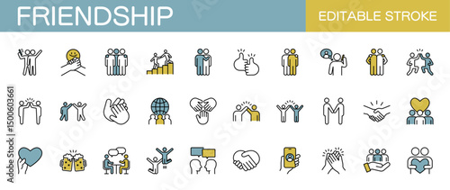 Friendship line icons set. Friends, community, communication and teamwork. Editable stroke. Colored vector illustration