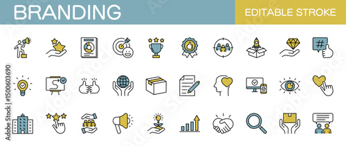 Branding line icons set. Business, management, marketing and product. Editable stroke. Colored vector illustration