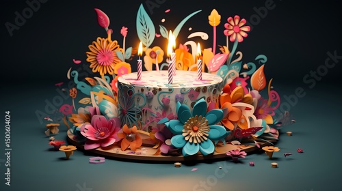 Colorful birthday cake with flowers and candles