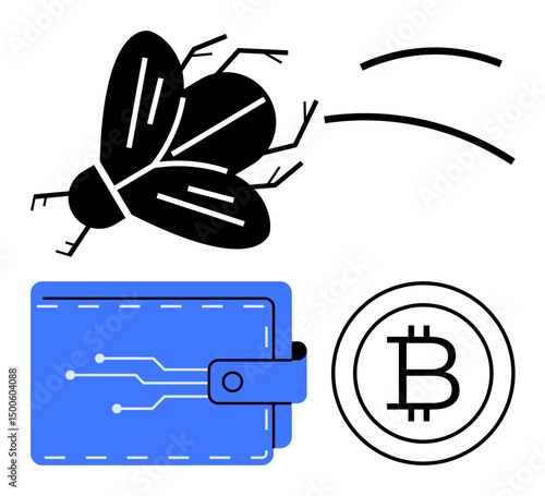 Black fly flying away, blue digital wallet, Bitcoin coin highlighting financial issues. Ideal for fintech, cryptocurrency, cybersecurity, decentralization, loss investment technology. Flat simple