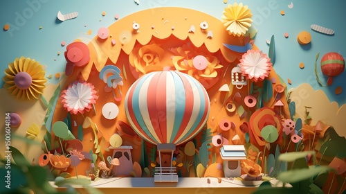 Colorful paper art hot air balloon illustration