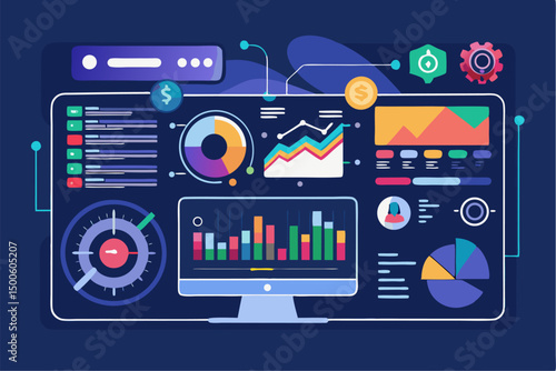 Business person interacting with a futuristic digital marketing interface, showcasing online advertising analytics, data charts, email marketing, and campaign performance metrics on a virtual screen. 