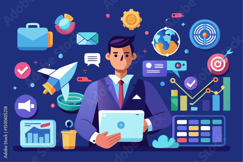Business person interacting with a futuristic digital marketing interface, showcasing online advertising analytics, data charts, email marketing, and campaign performance metrics on a virtual screen. 