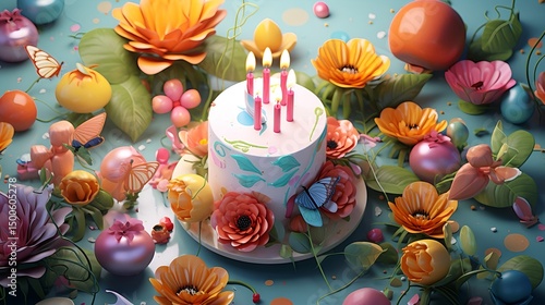 Whimsical birthday cake decoration illustration