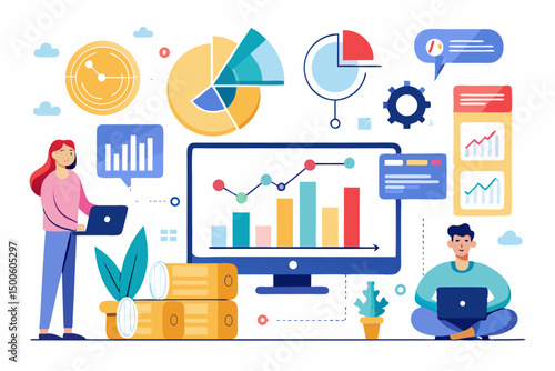 Business person interacting with a futuristic digital marketing interface, showcasing online advertising analytics, data charts, email marketing, and campaign performance metrics on a virtual screen. 