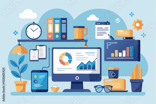 Business person interacting with a futuristic digital marketing interface, showcasing online advertising analytics, data charts, email marketing, and campaign performance metrics on a virtual screen. 
