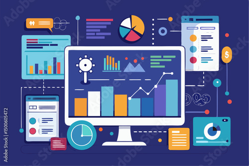 Business person interacting with a futuristic digital marketing interface, showcasing online advertising analytics, data charts, email marketing, and campaign performance metrics on a virtual screen. 