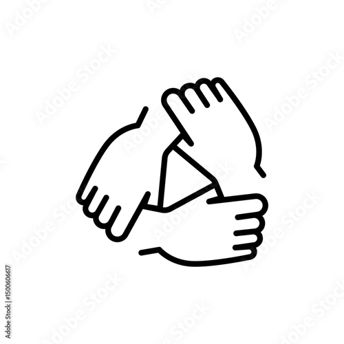 Three hands support each other line icon. Simple outline style. Team, hand, work together, partnership, group, help, concept of teamwork.
