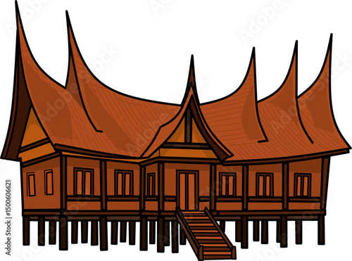 Rumah adat gadang, traditional house vecctor illustration design template elements, ancient architecture of minang or minangkabau indonesia, flat design color illustration