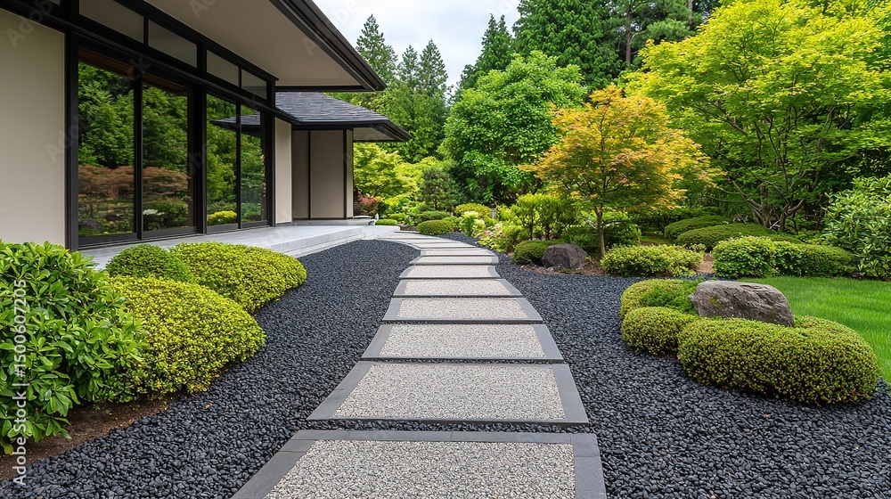 Fototapeta premium A modern stone pathway leads through a serene Japanese garden with green shrubs, manicured trees, and a minimalist building in the background.