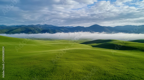 Lush Green Rolling Hills Under Blue Sky with Wind Turbines in the Distance Surrounded by Soft Mist and Majestic Mountains on the Horizon