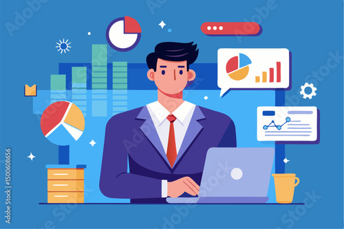 Business person interacting with a futuristic digital marketing interface, showcasing online advertising analytics, data charts, email marketing, and campaign performance metrics on a virtual screen. 