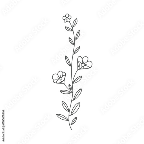 Delicate Floral Branch Illustration with Small Flowers and Leaves on White