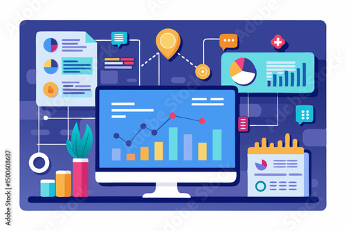 Business person interacting with a futuristic digital marketing interface, showcasing online advertising analytics, data charts, email marketing, and campaign performance metrics on a virtual screen. 
